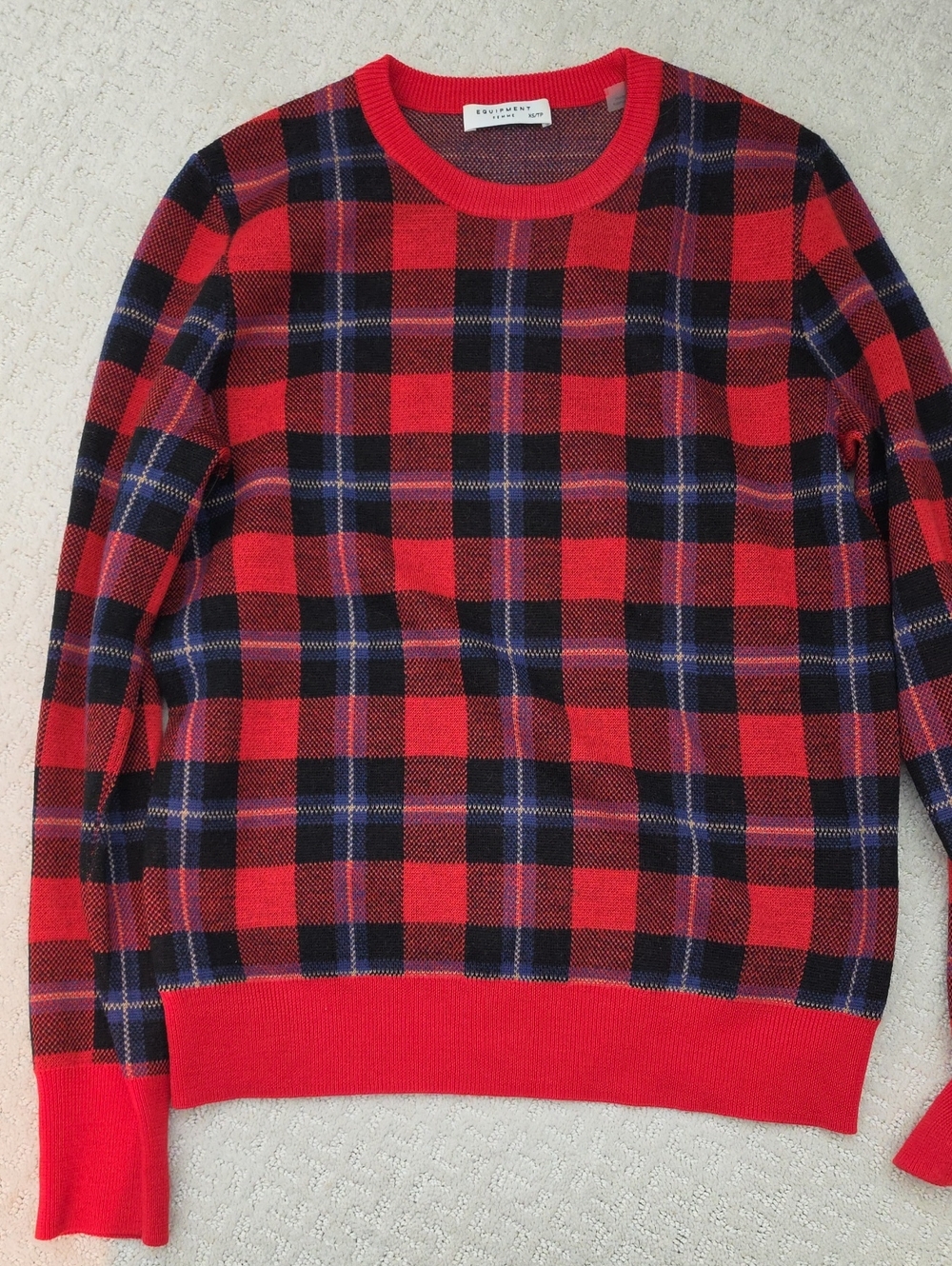 Equipment Red Plaid Crewneck Sweater with Navy Accents